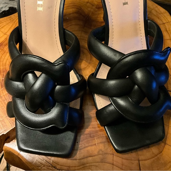 Coach Kellie black stiletto slip on square toe sandals with woven C 8.5 $190 - Picture 3 of 12